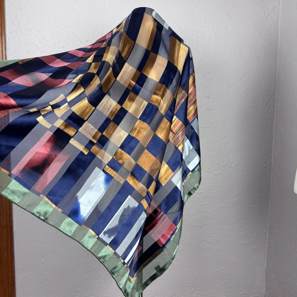 Vintage 90s abstract large scarf green, gold, blue New York style Corporate